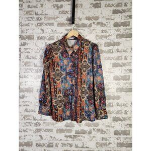 Boho Button Up Shirt XL Multicolor Paisley Hippie Flowy Lightweight Vibrant
